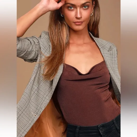 Lulus Making Headlines Beige Multi Plaid Blazer size XS - Picture 3 of 11